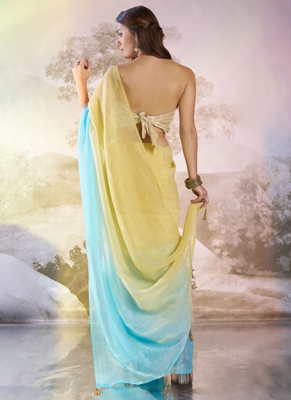 Plain Chiffon Aqua Blue Saree S14033