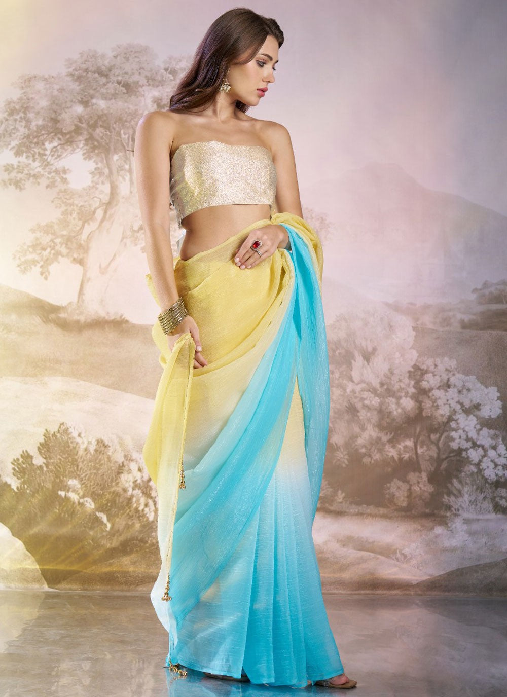 Plain Chiffon Aqua Blue Saree S14033
