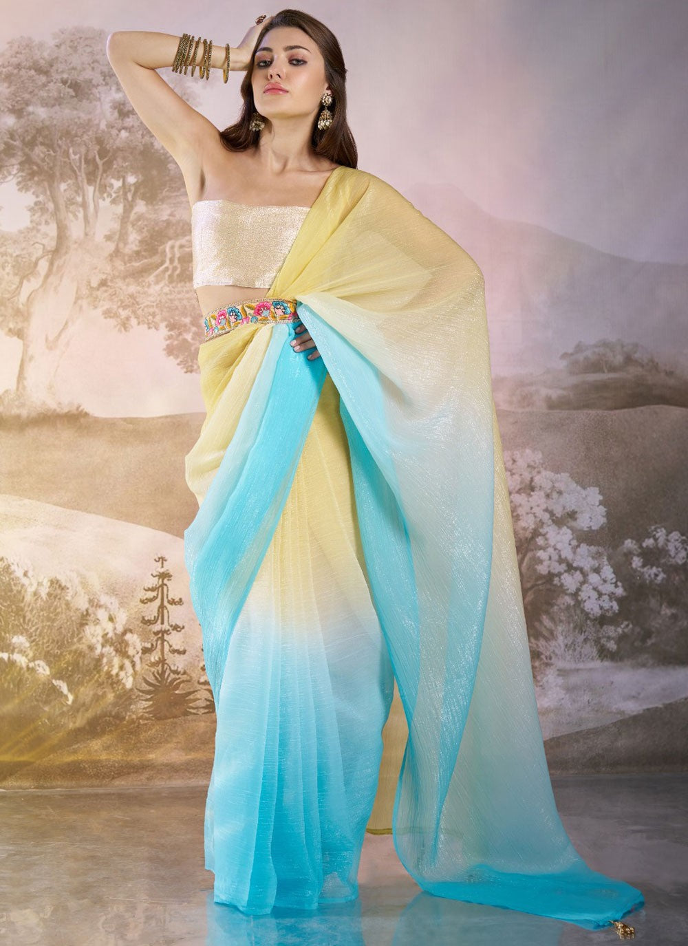 Plain Chiffon Aqua Blue Saree S14033