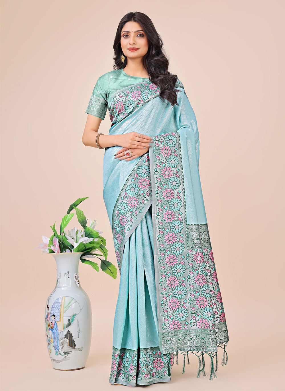 Woven Silk Aqua Blue Classic Saree S15167