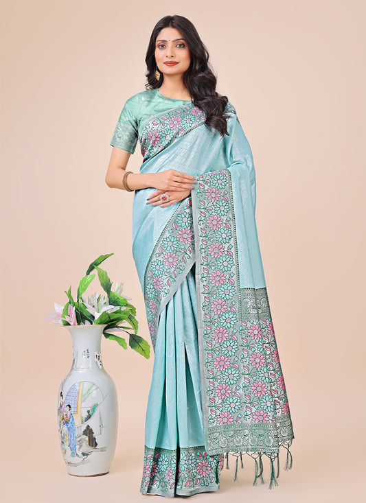 Woven Silk Aqua Blue Classic Saree S15167
