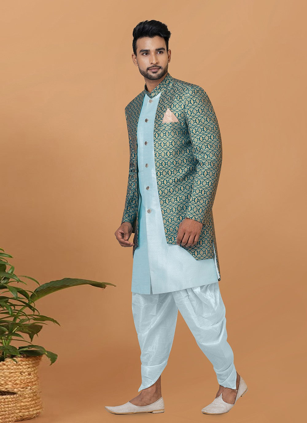 Fancy Work Jacquard Silk Aqua Blue, Green Indo Western - M7722