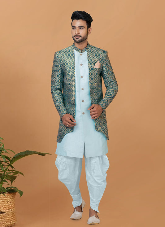 Fancy Work Jacquard Silk Aqua Blue, Green Indo Western - M7722