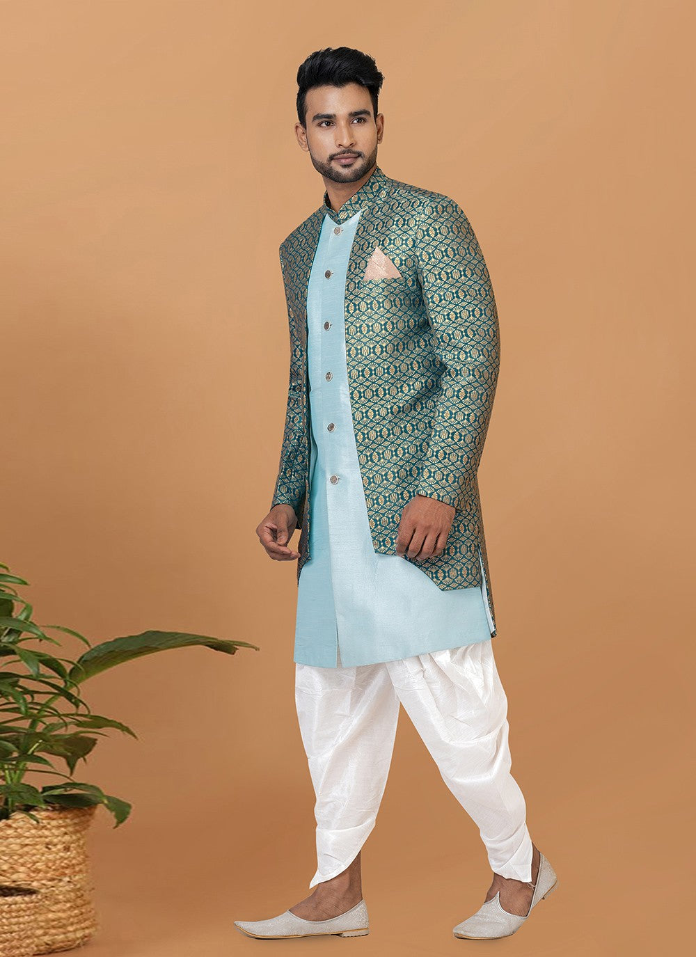 Fancy Work Jacquard Silk Aqua Blue, Green Indo Western - M7723