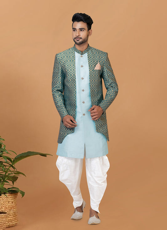 Fancy Work Jacquard Silk Aqua Blue, Green Indo Western - M7723