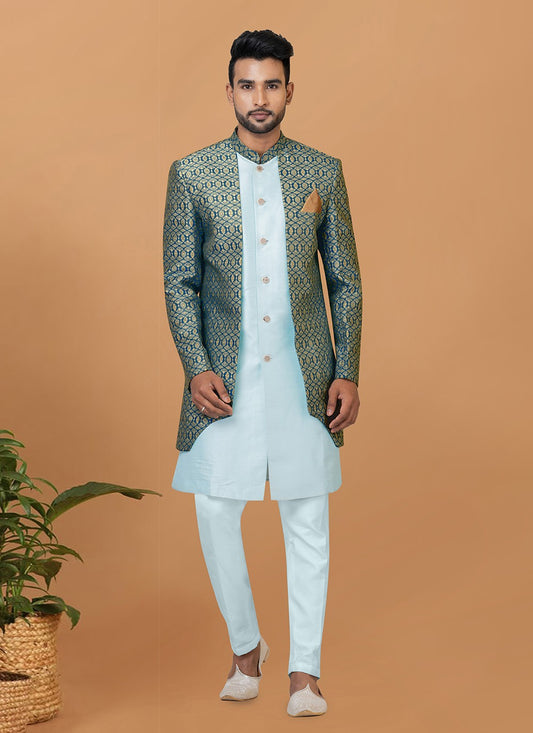 Fancy Work Jacquard Silk Aqua Blue, Green Indo Western - M7724