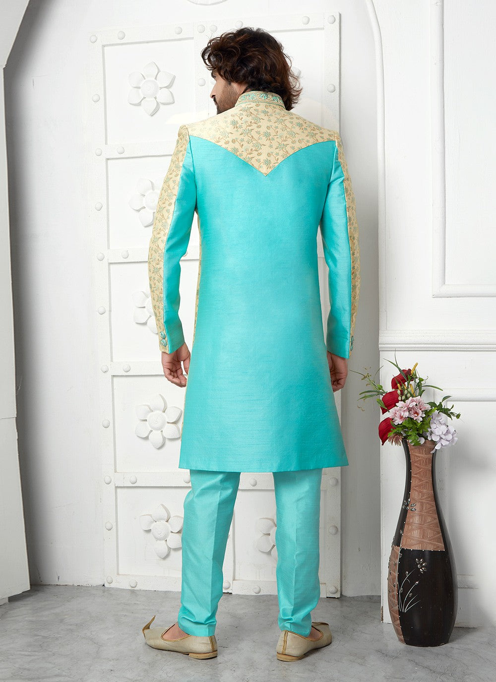 Embroidered Jacquard Silk Aqua Blue, Green Indo Western - M6619
