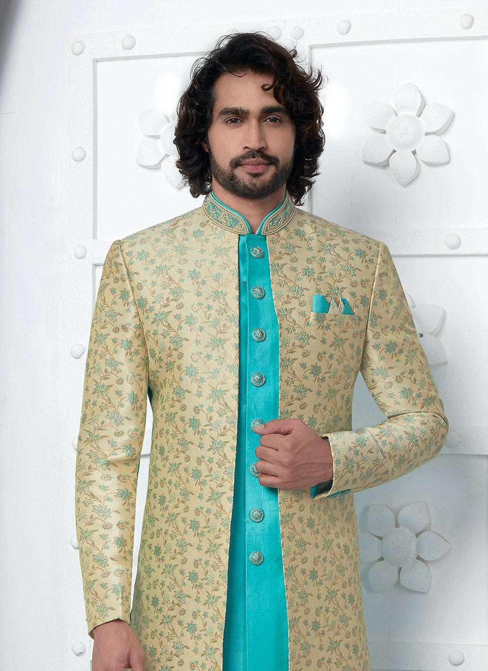 Embroidered Jacquard Silk Aqua Blue, Green Indo Western - M6619