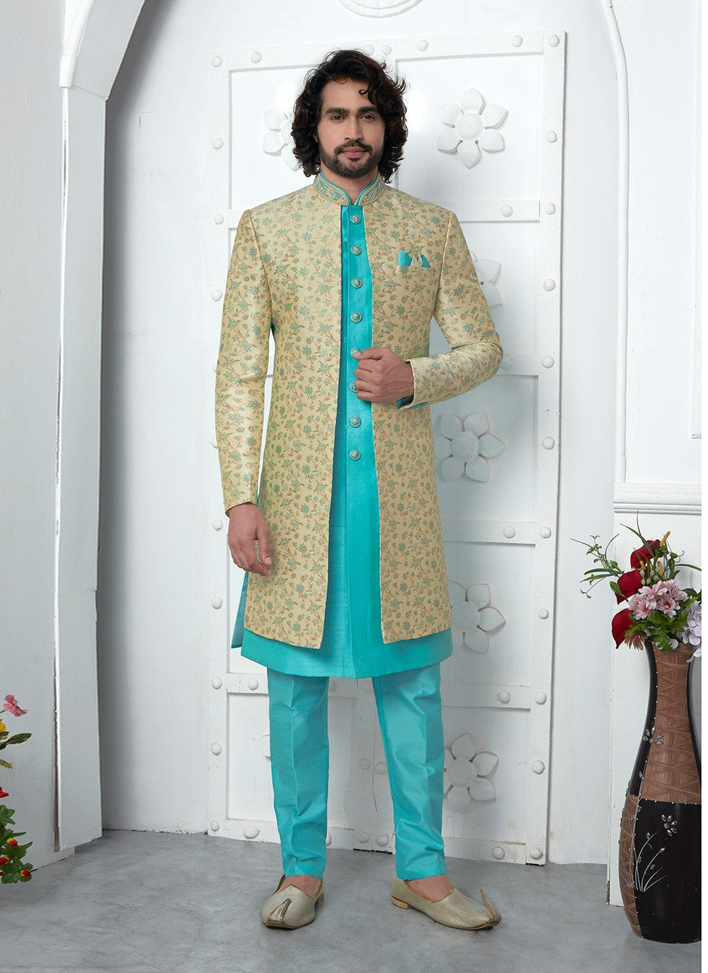 Embroidered Jacquard Silk Aqua Blue, Green Indo Western - M6619