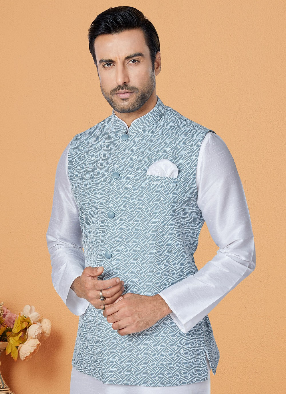 Fancy Work Banarasi Silk Aqua Blue, Off White Kurta Payjama With Jacket - M5306