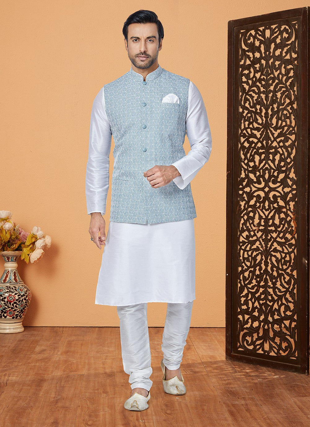 Fancy Work Banarasi Silk Aqua Blue, Off White Kurta Payjama With Jacket - M5306