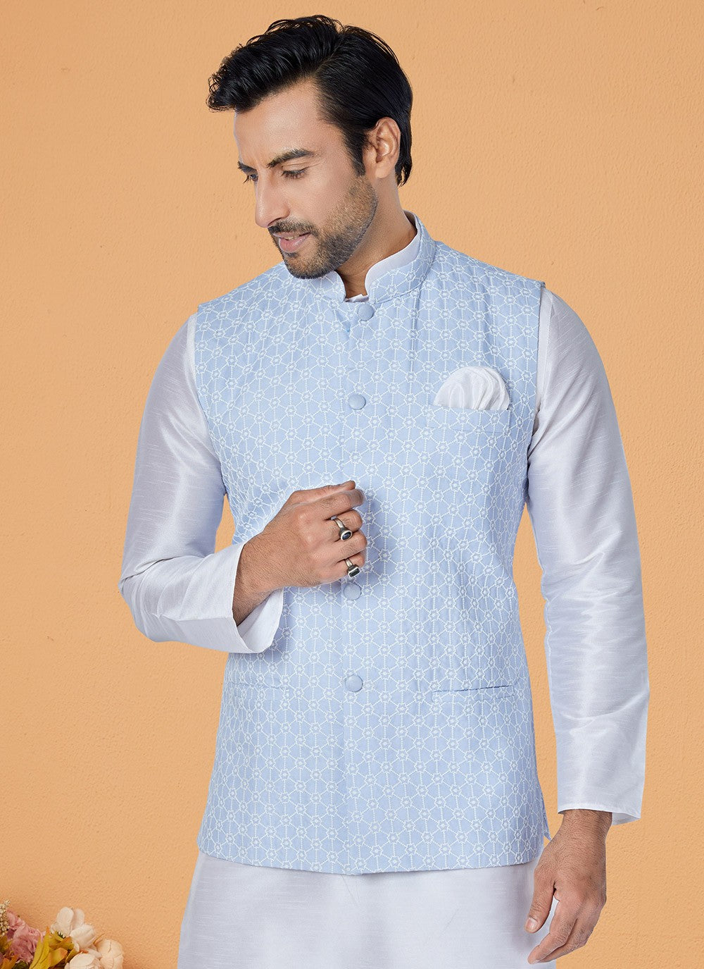 Fancy Work Banarasi Silk Aqua Blue, Off White Kurta Payjama With Jacket - M5310