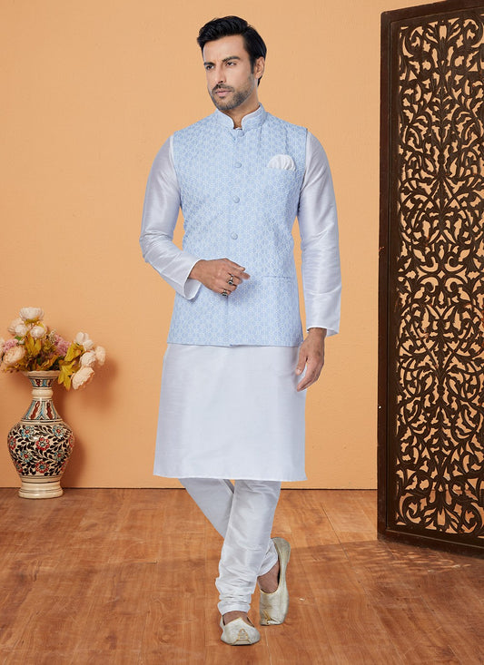 Fancy Work Banarasi Silk Aqua Blue, Off White Kurta Payjama With Jacket - M5310