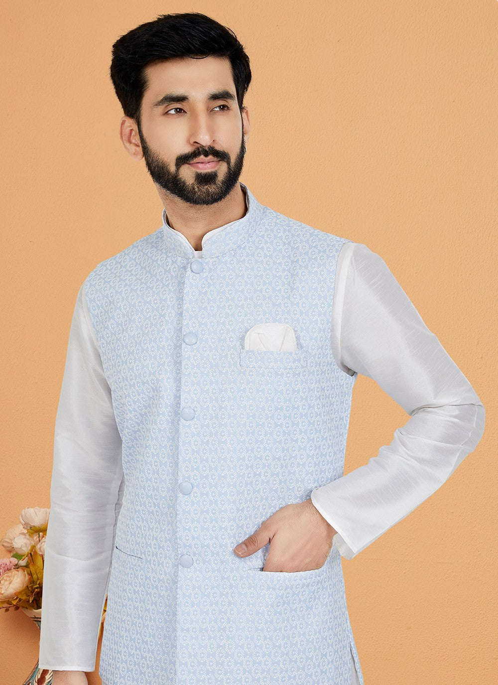 Fancy Work Banarasi Silk Aqua Blue, Off White Kurta Payjama With Jacket - M5308
