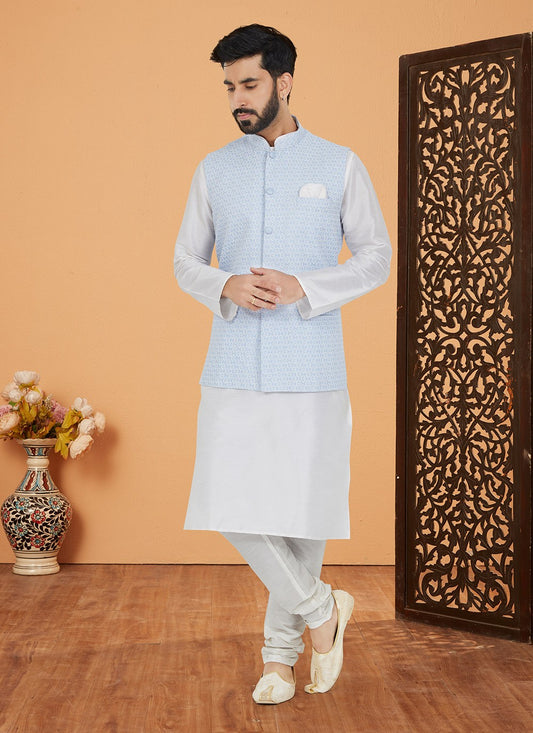 Fancy Work Banarasi Silk Aqua Blue, Off White Kurta Payjama With Jacket - M5308