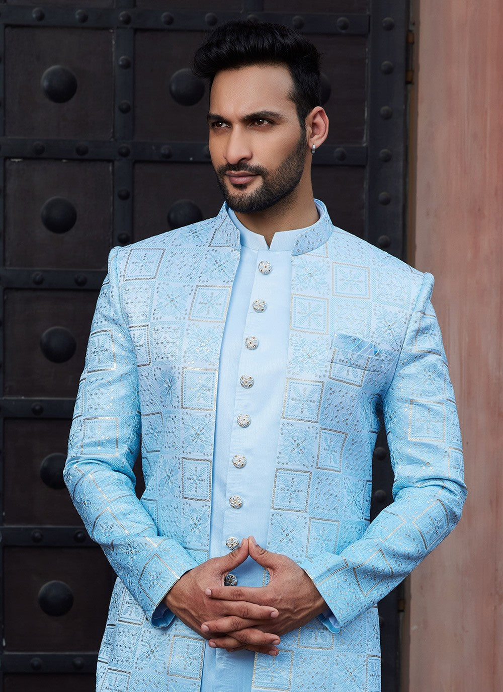 Fancy Work Art Silk Aqua Blue Indo Western Sherwani - M6155