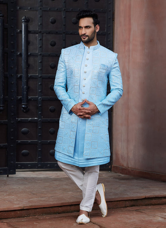 Fancy Work Art Silk Aqua Blue Indo Western Sherwani - M6155