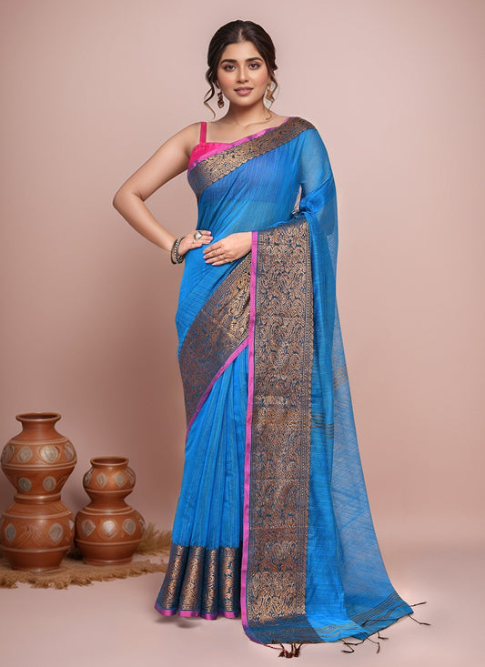 Aqua Blue Blended Cotton Classic Saree Border Work S20016