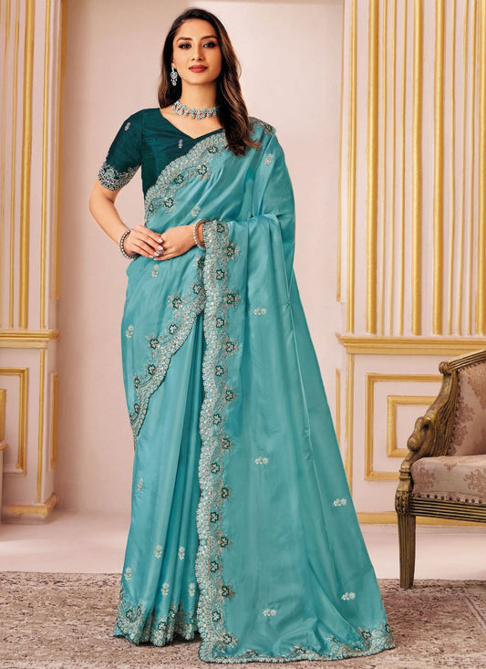 Aqua Blue Silk Contemporary Saree Embroidered S20029