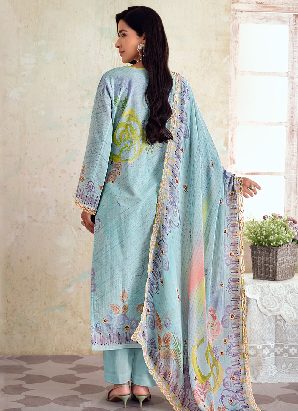 Digital Print Linen Aqua Blue Pant Style Suit T6303