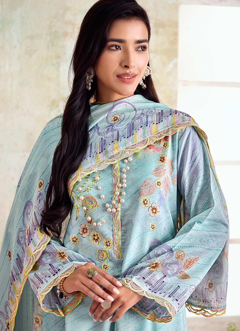 Digital Print Linen Aqua Blue Pant Style Suit T6303