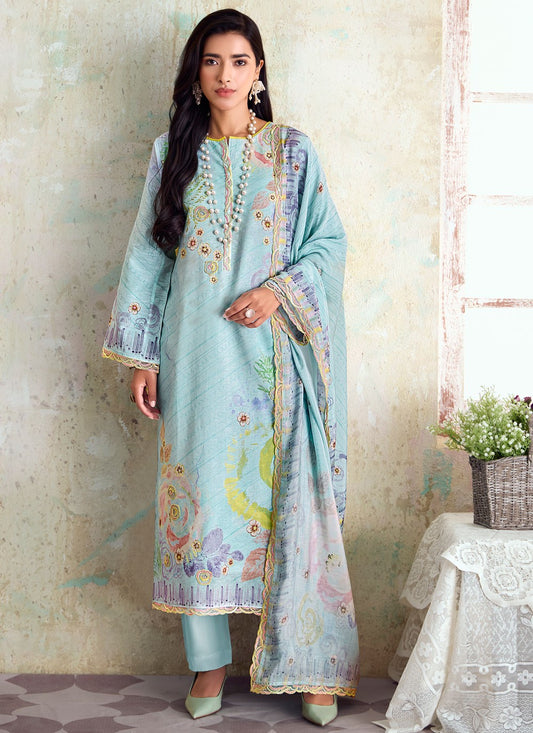 Digital Print Linen Aqua Blue Pant Style Suit T6303