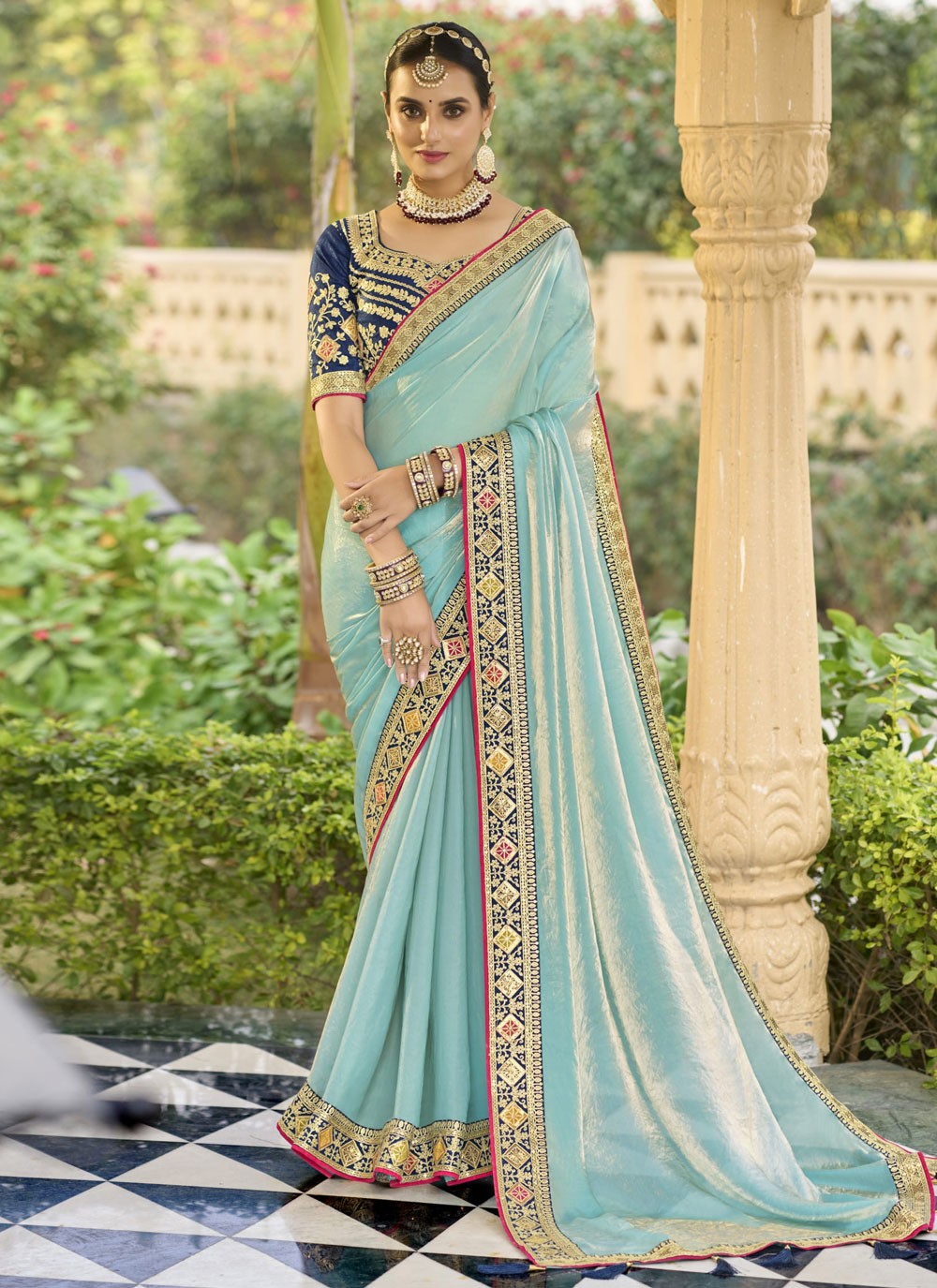 Border Work Georgette Aqua Blue Designer Saree S15358