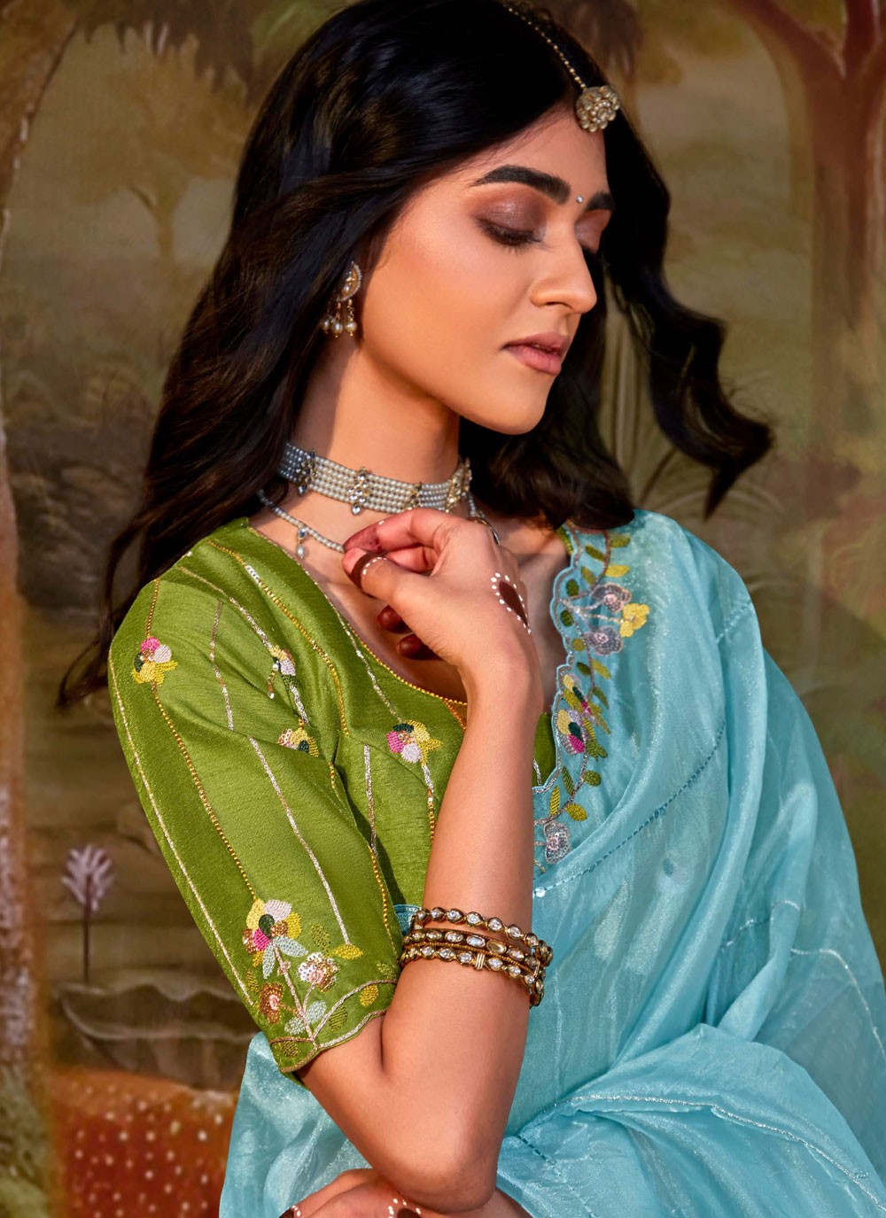 Shaded Border Work Fancy Fabric Saree - S7643