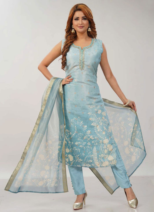 Pant Style Suit Embroidered, Fancy Work, Floral Printed, Zari Aqua Blue T7682