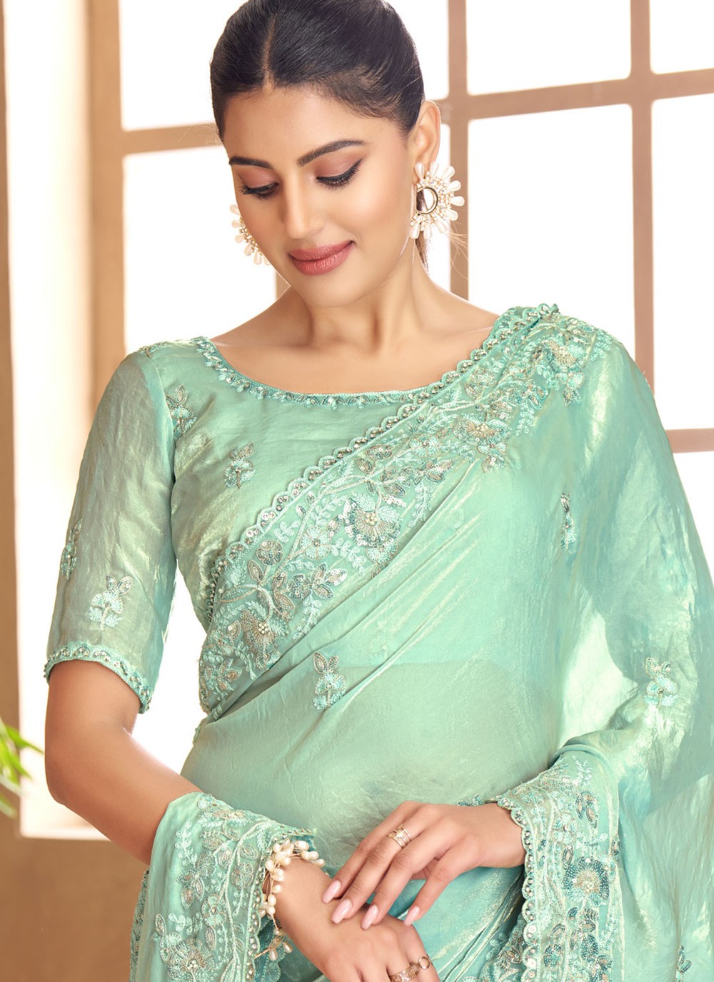 Traditional Cut Work Aqua Blue Satin Saree S13355