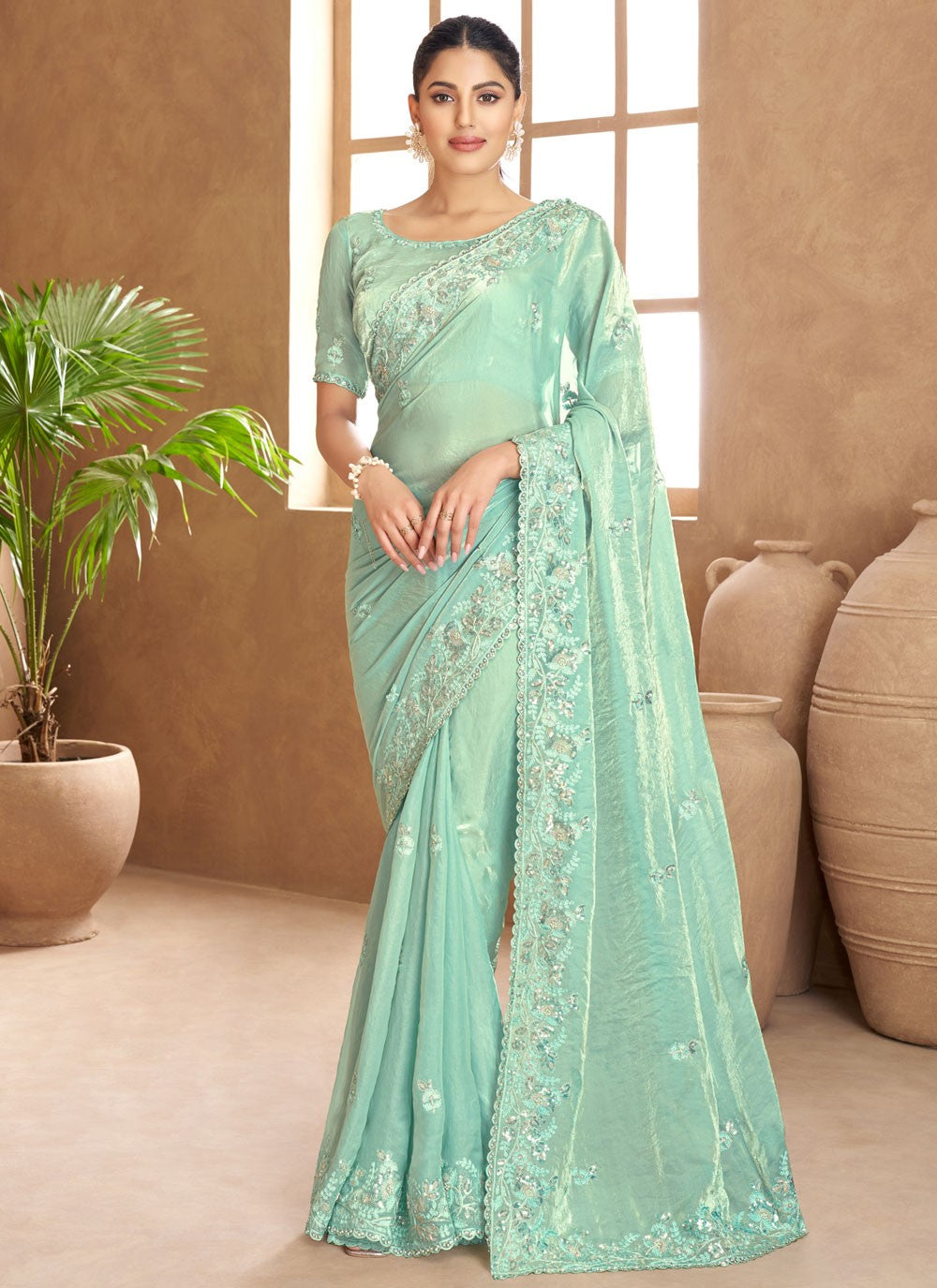 Traditional Cut Work Aqua Blue Satin Saree S13355