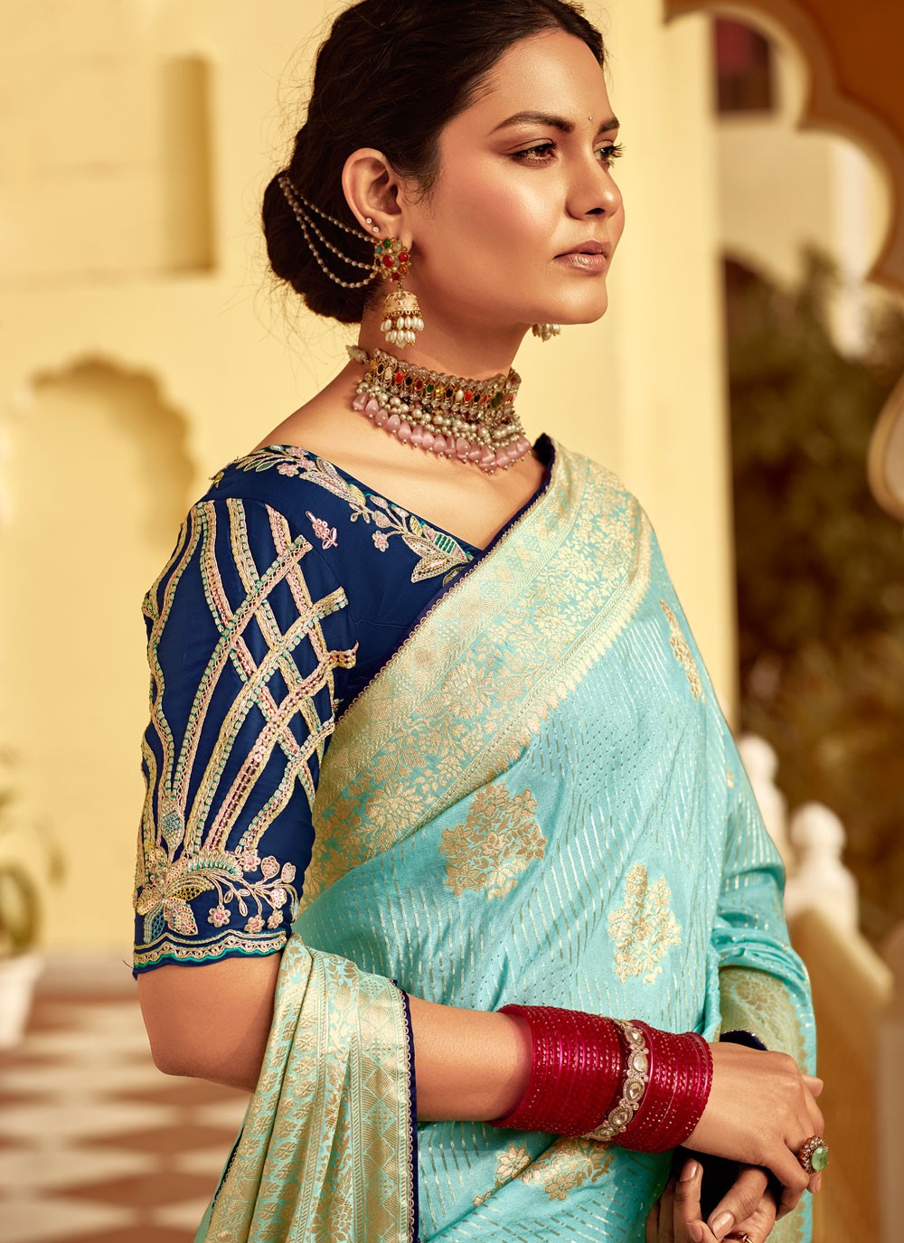 Weaving Zari Pure Dola Aqua Blue Saree S14219