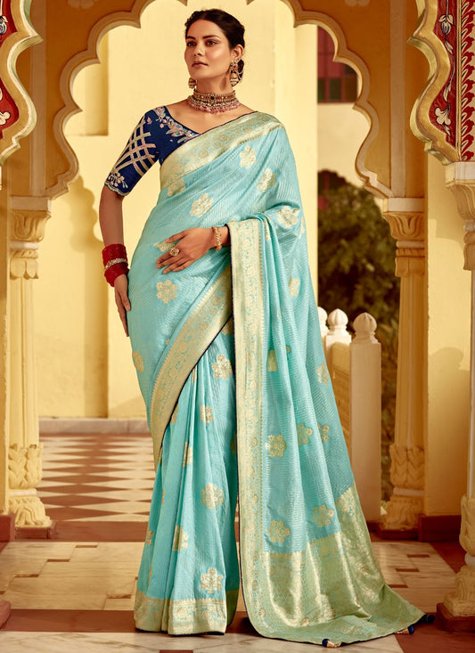 Weaving Zari Pure Dola Aqua Blue Saree S14219
