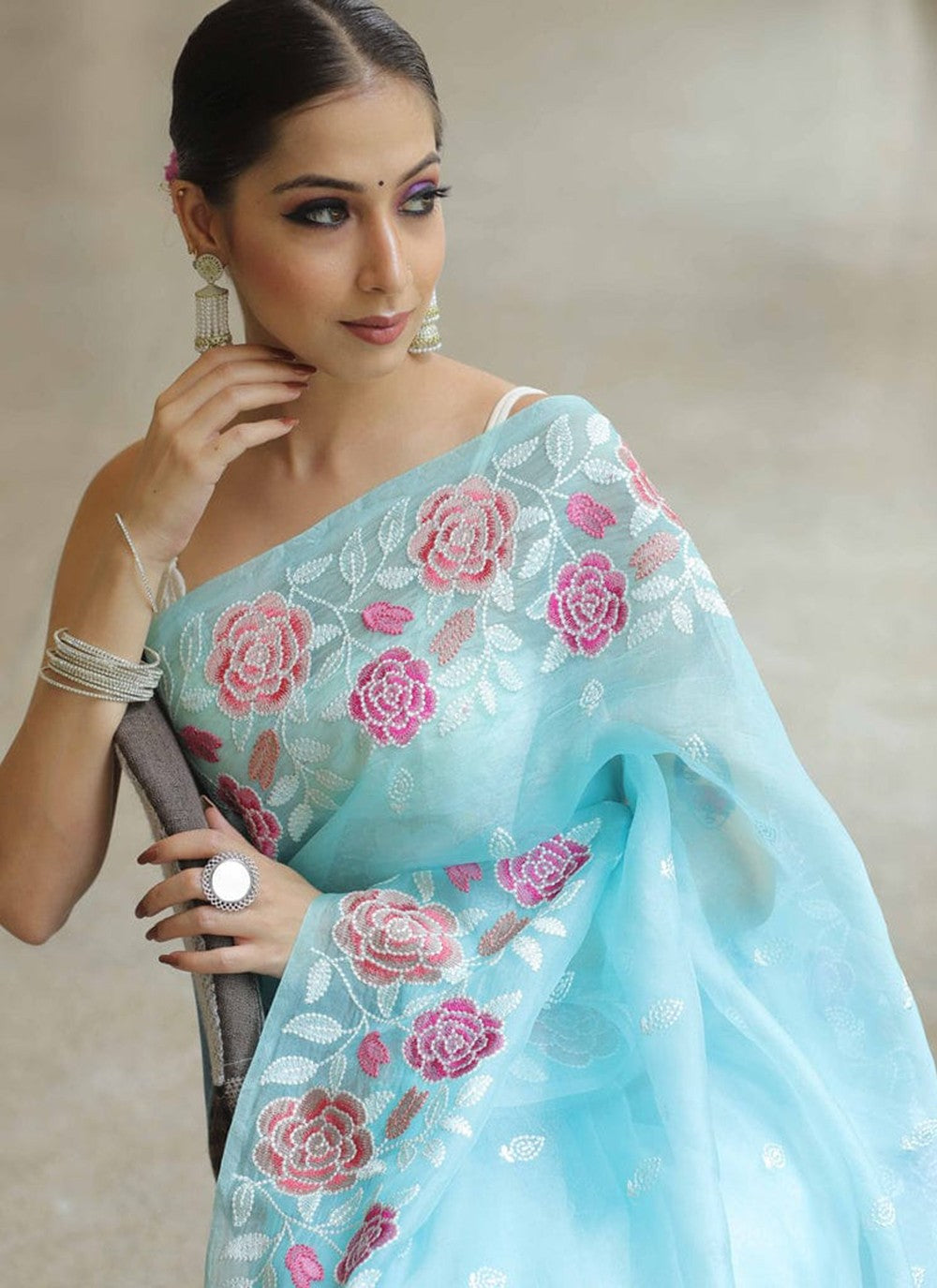 Aqua Blue Organza Classic Saree Embroidered, Multi Work, Thread S16429