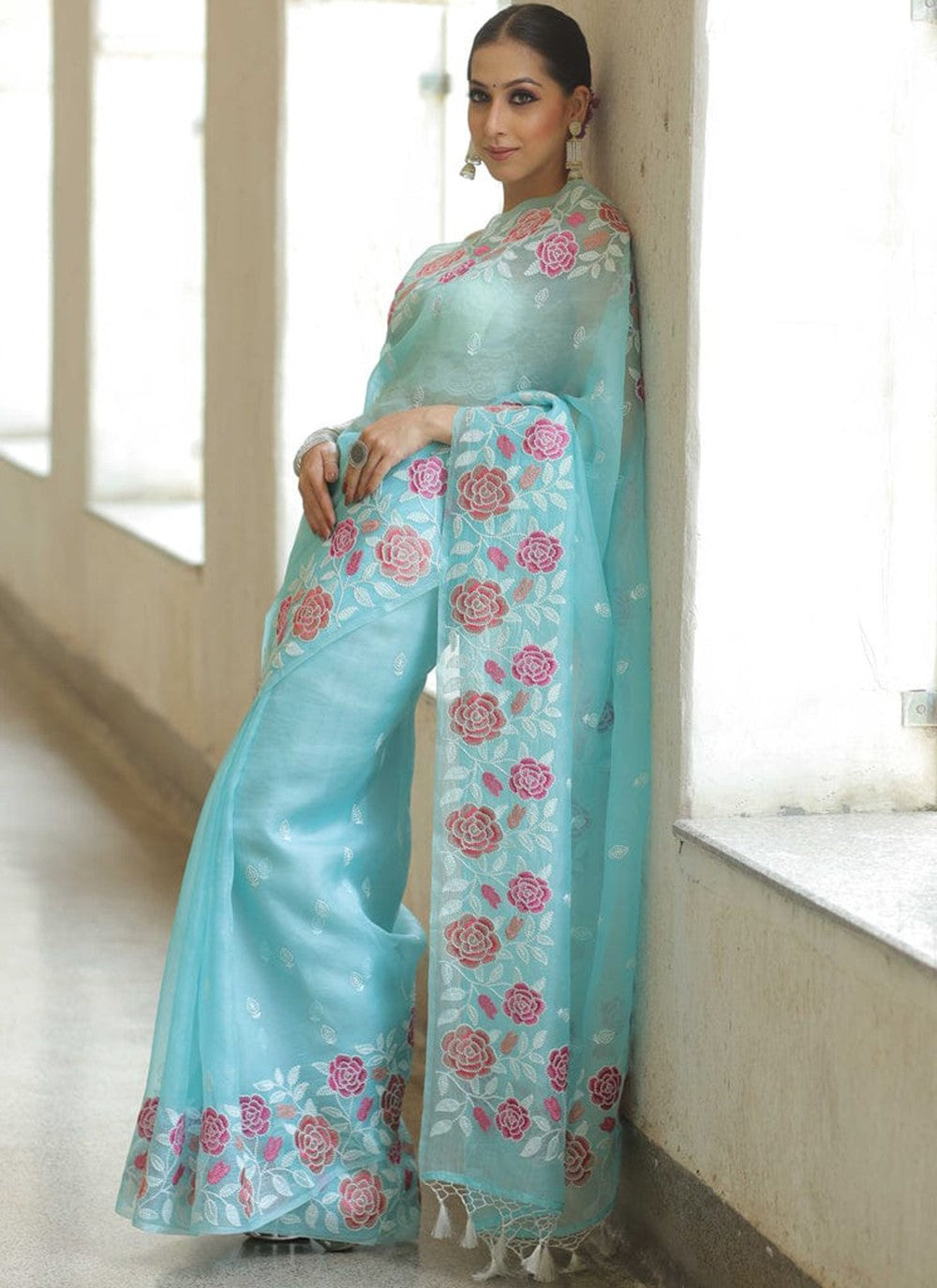 Aqua Blue Organza Classic Saree Embroidered, Multi Work, Thread S16429