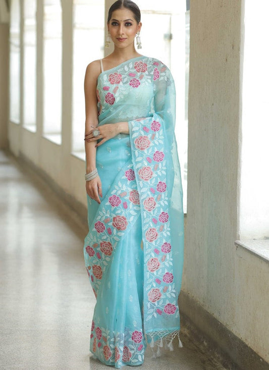 Aqua Blue Organza Classic Saree Embroidered, Multi Work, Thread S16429