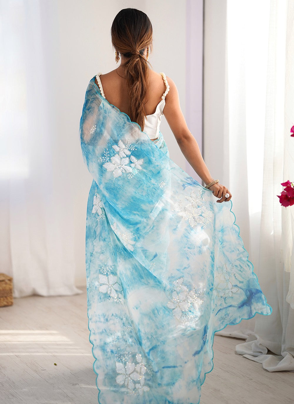Aqua Blue Jimmy Chu Contemporary Saree Sequins, Thread S16111