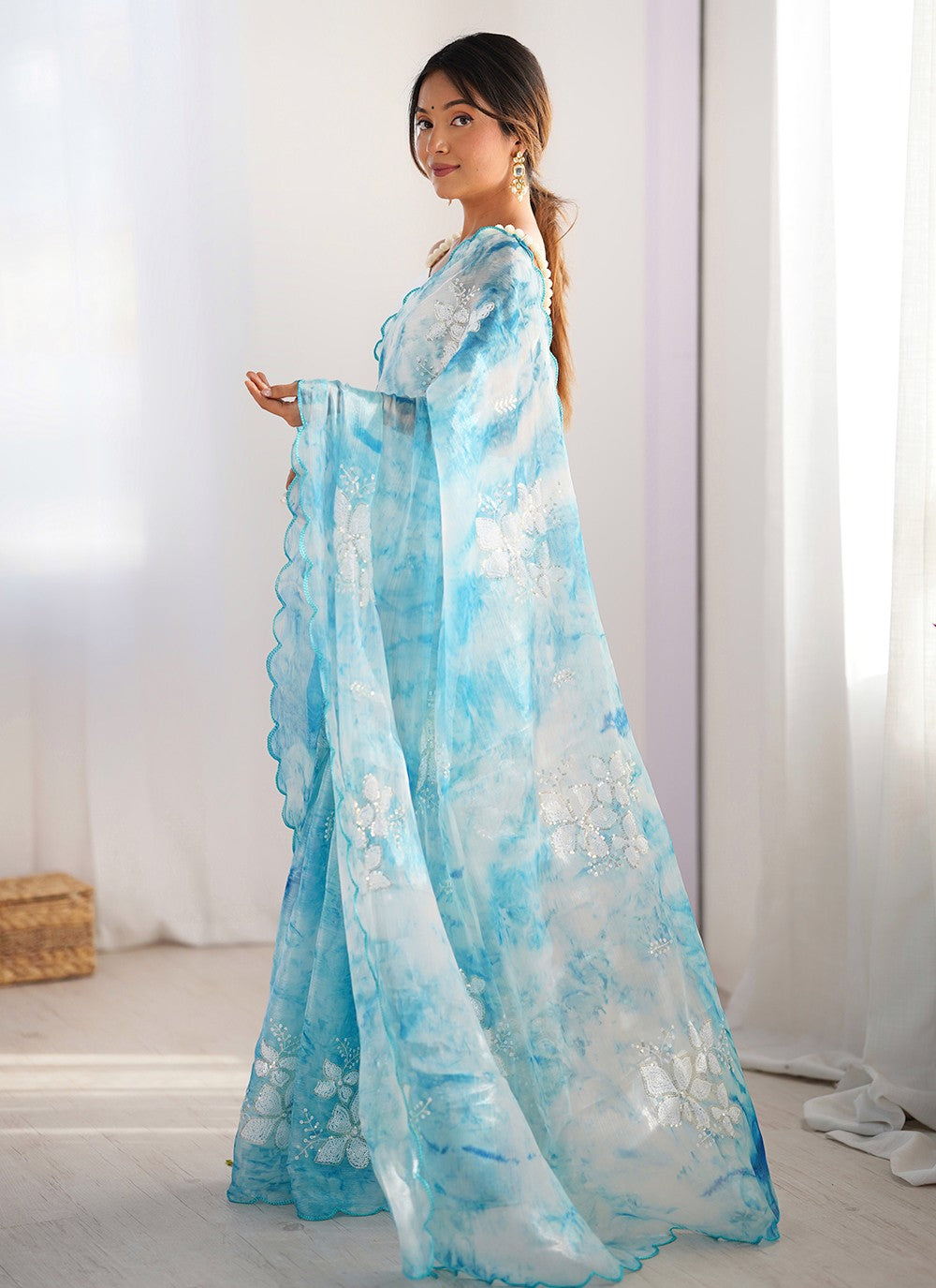Aqua Blue Jimmy Chu Contemporary Saree Sequins, Thread S16111
