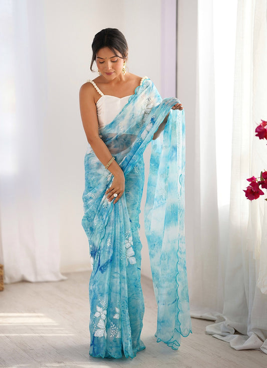 Aqua Blue Jimmy Chu Contemporary Saree Sequins, Thread S16111
