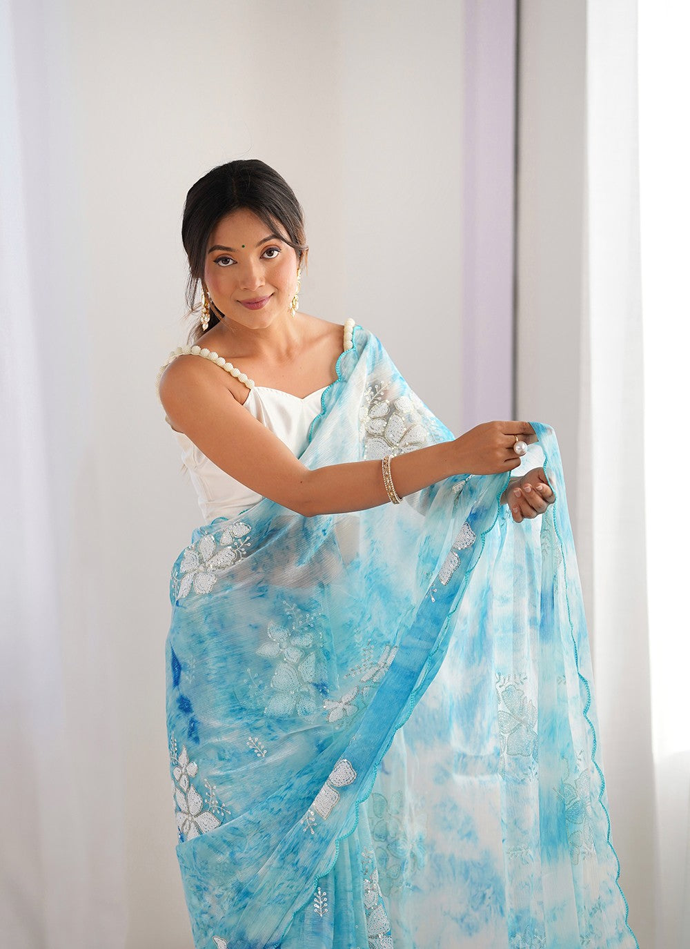 Aqua Blue Jimmy Chu Contemporary Saree Sequins, Thread S16111
