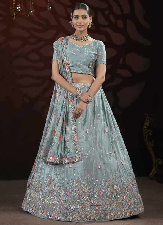 Embroidered Net Aqua Blue Lehenga - L3216