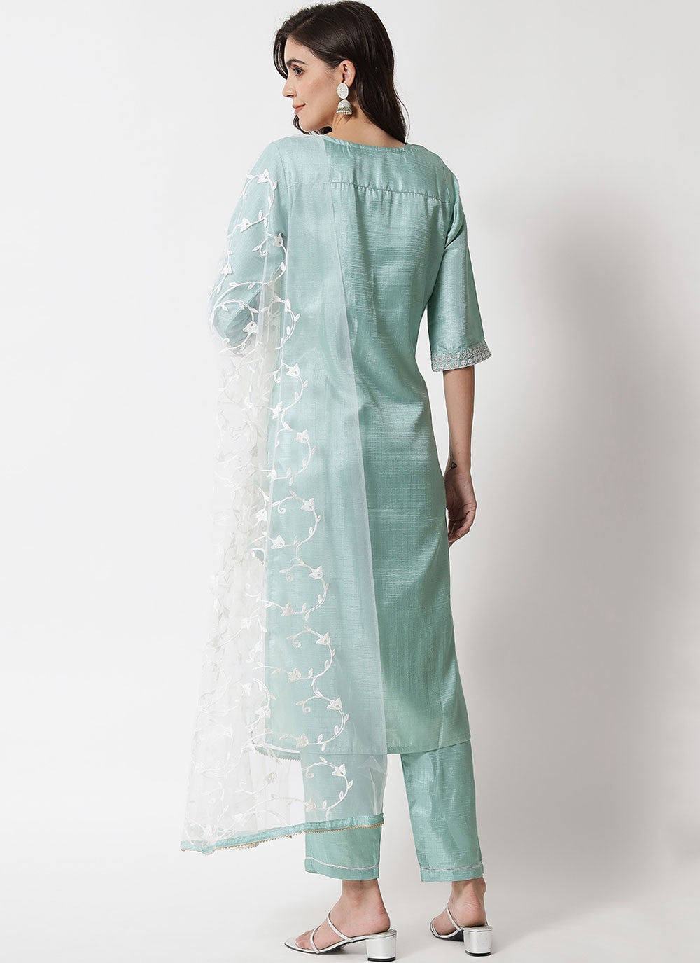 Pant Style Suit Embroidered Aqua Blue T7101