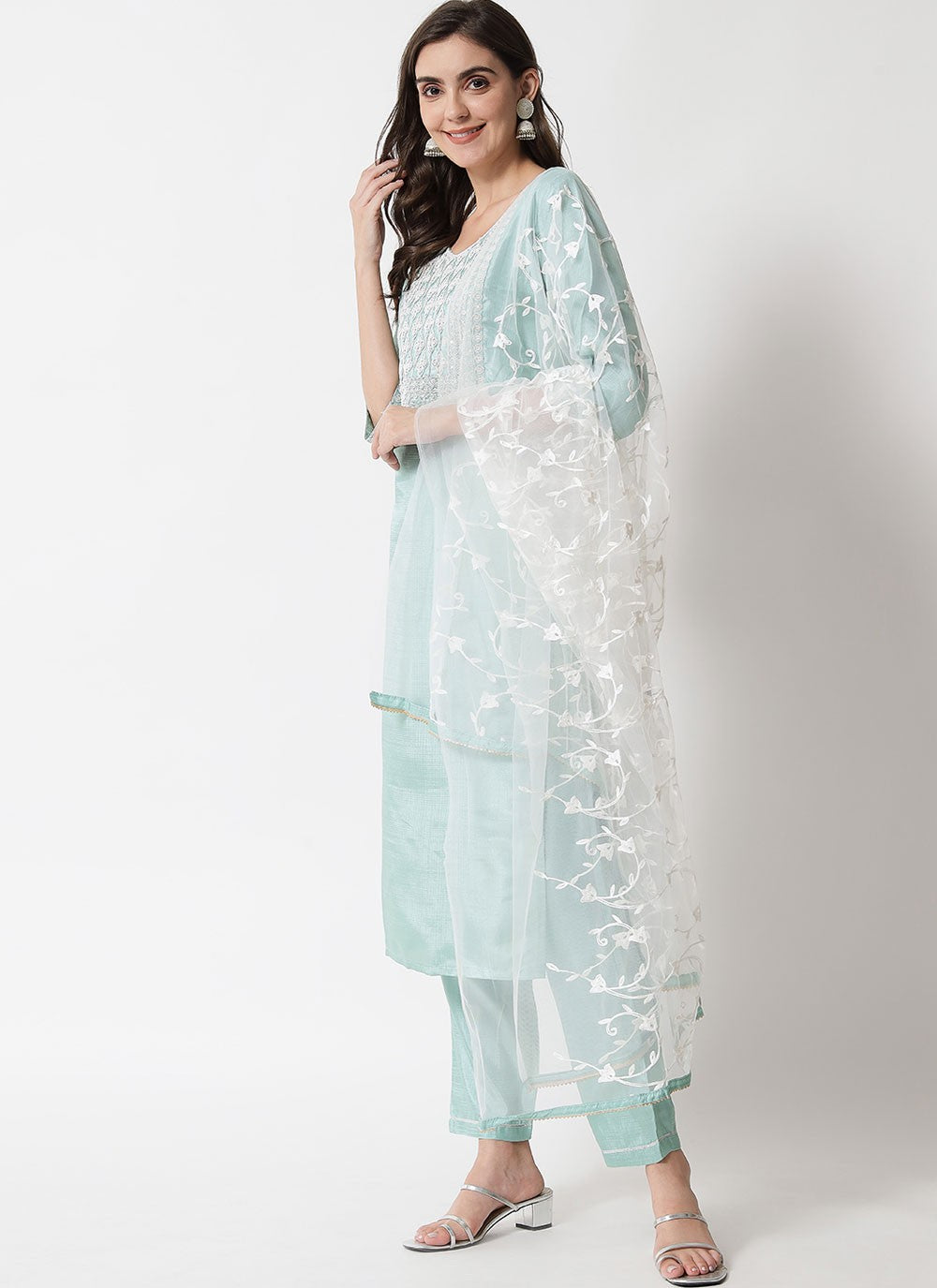 Pant Style Suit Embroidered Aqua Blue T7101