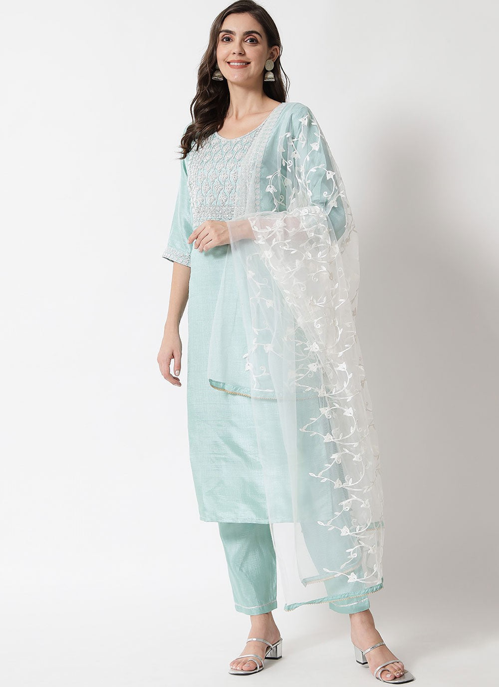 Pant Style Suit Embroidered Aqua Blue T7101