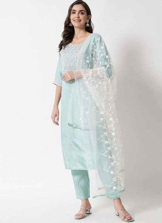Pant Style Suit Embroidered Aqua Blue T7101