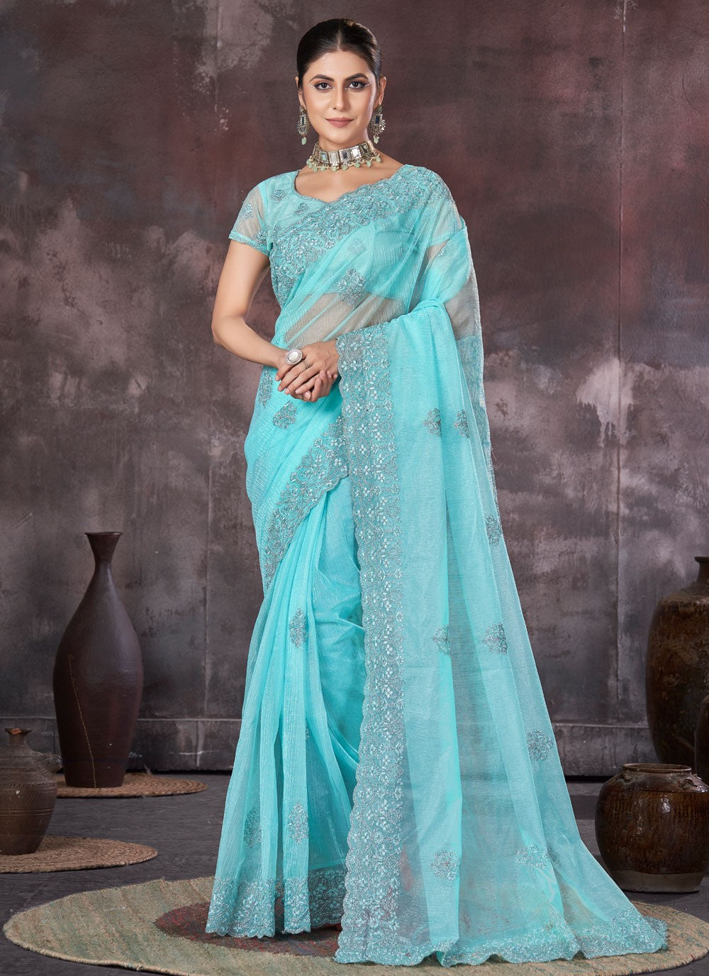 Classic Border Work Net, Organza Saree - S7536