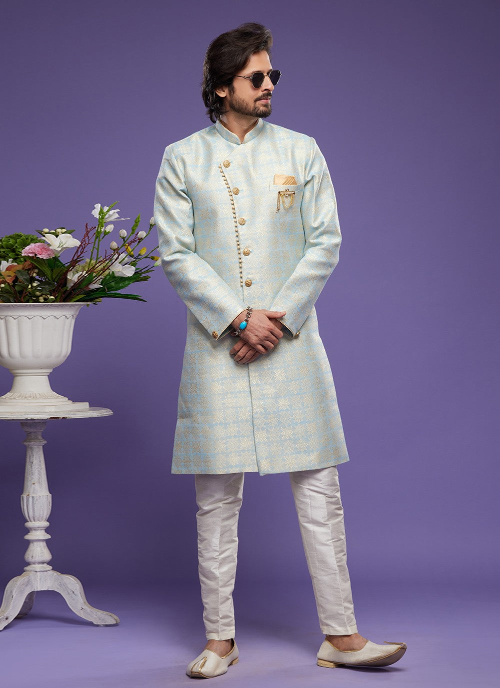 Fancy Work Banarasi Jacquard Aqua Blue Indo Western - M5829