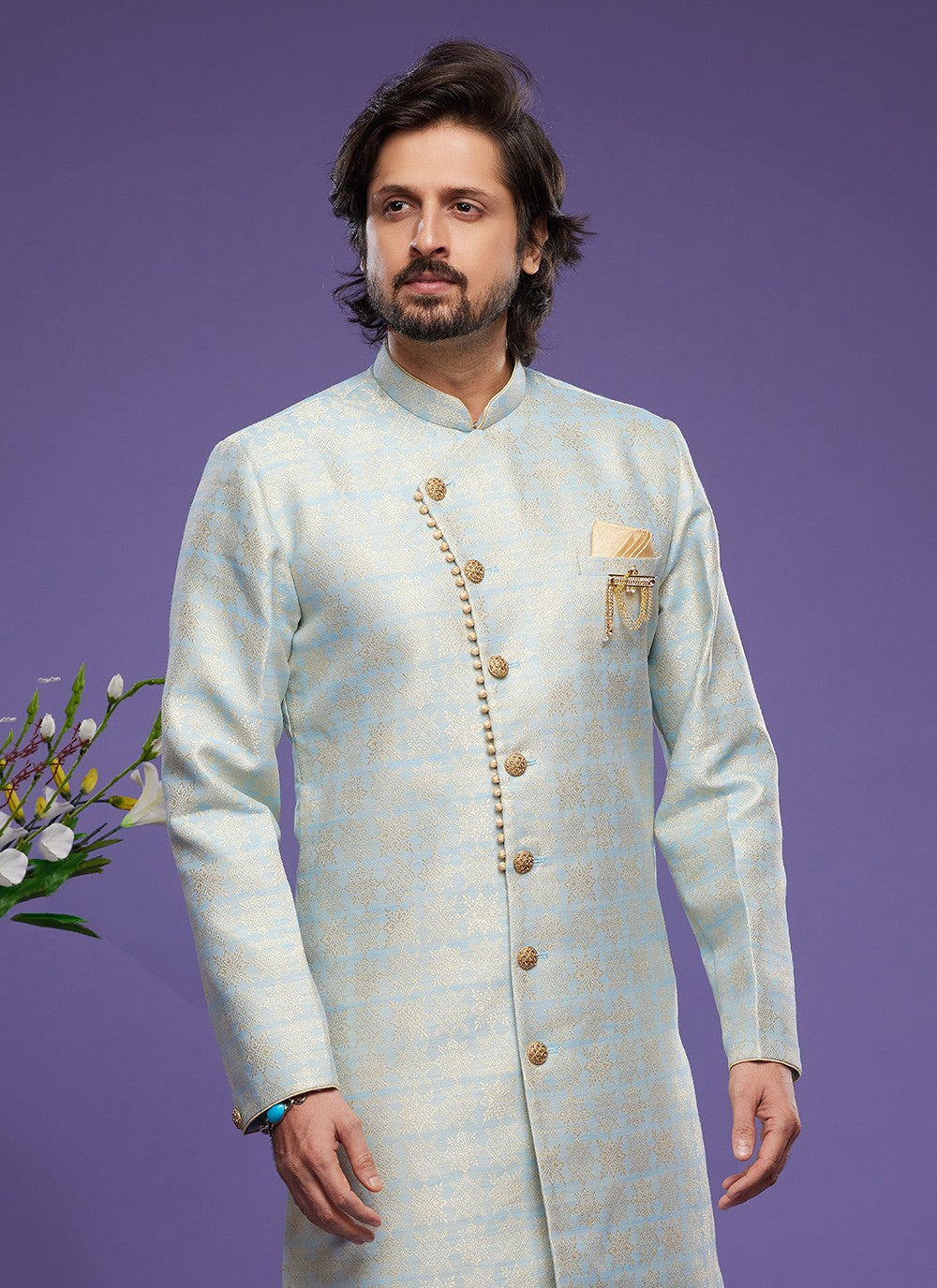 Fancy Work Banarasi Jacquard Aqua Blue Indo Western - M5829