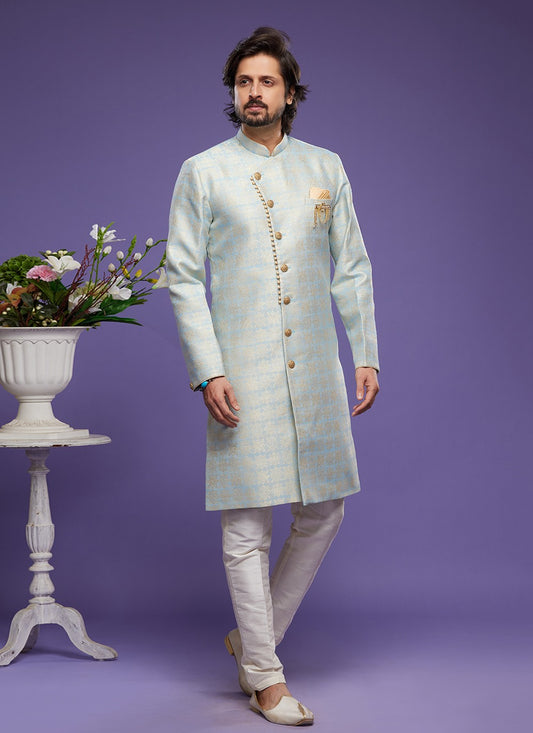 Fancy Work Banarasi Jacquard Aqua Blue Indo Western - M5829
