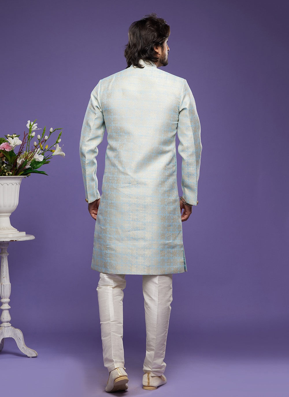 Fancy Work Banarasi Jacquard Aqua Blue Indo Western - M5829